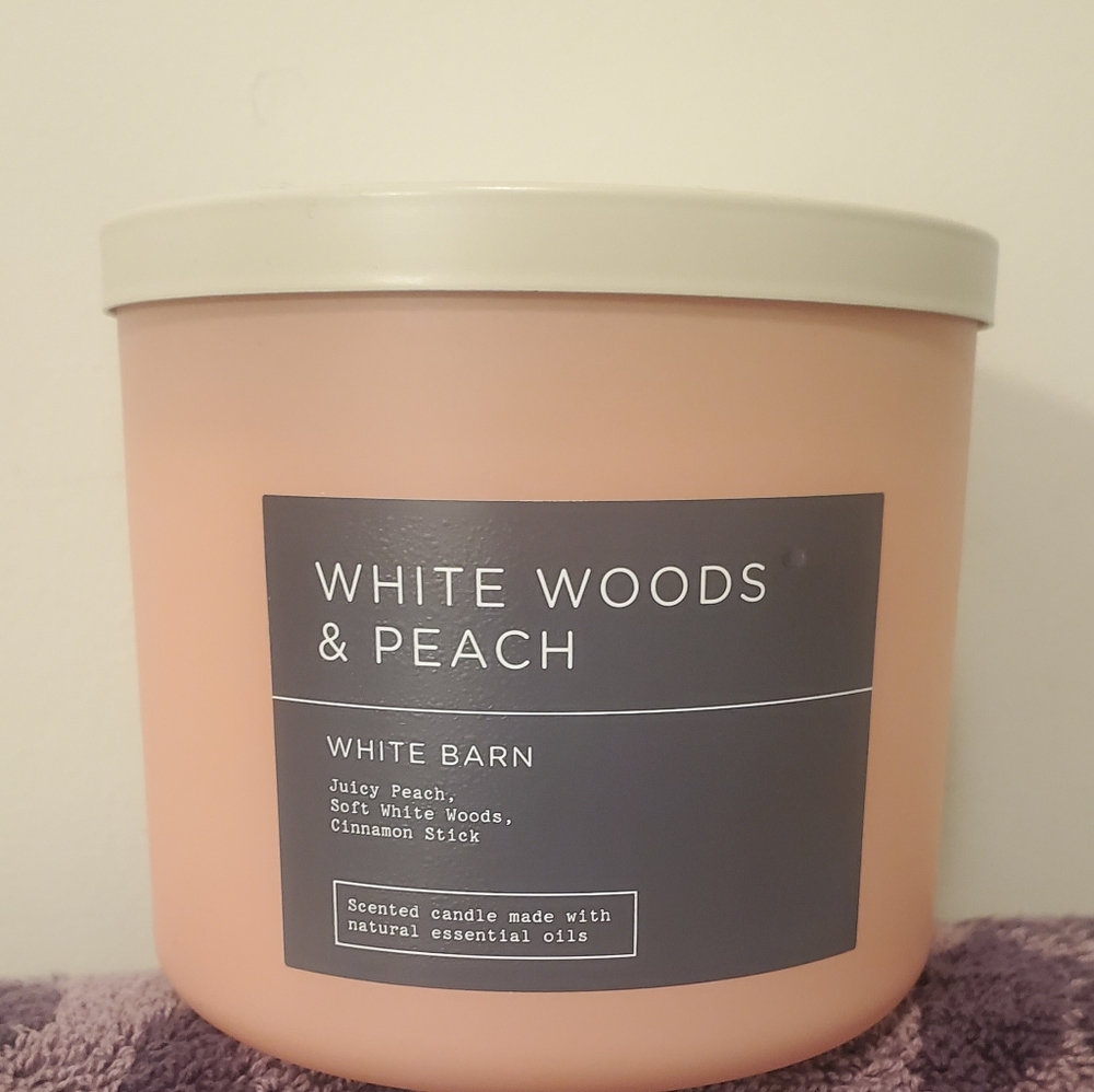 BBW White Woods & Peach 3 Wick Candle